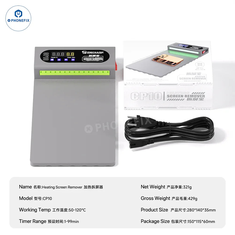 PHONEFIX MECHANIC CP10 10.5-inch screen remover heating pad for phone and iPad pre-heating station, with digital control display.
