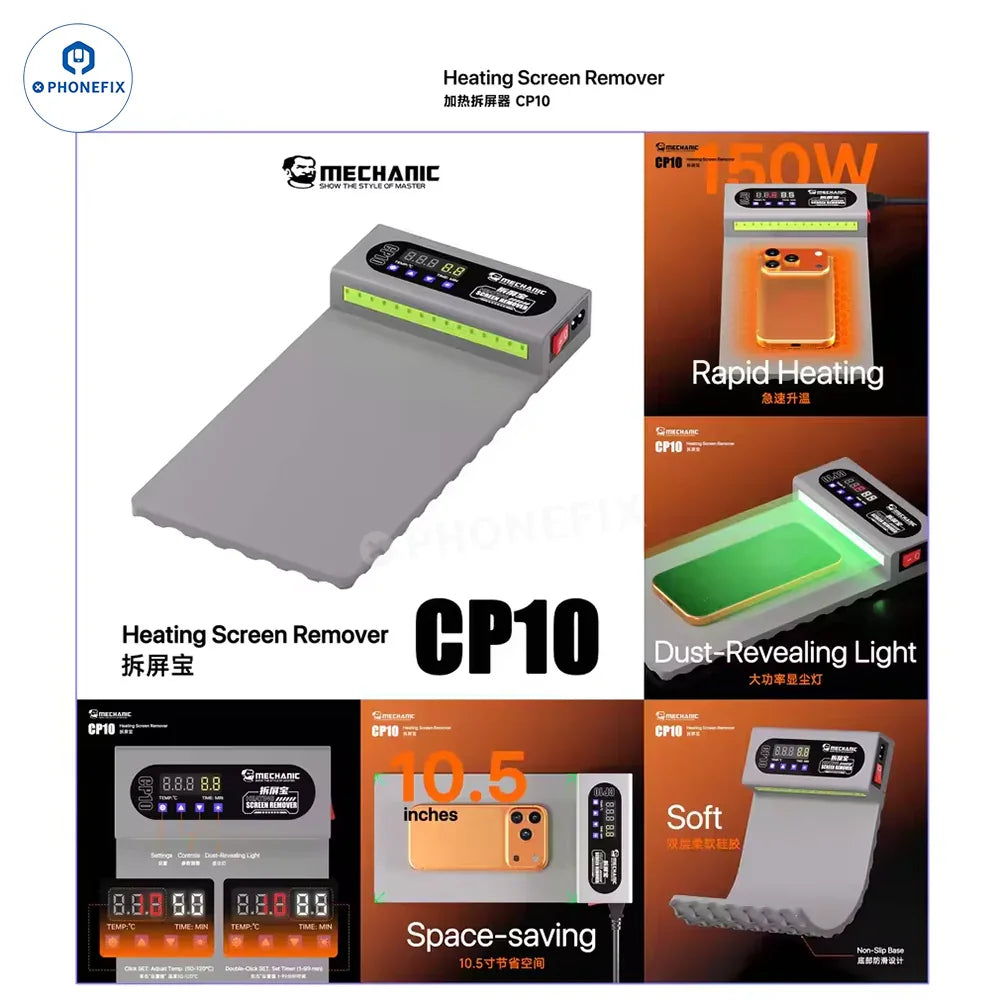 PHONEFIX MECHANIC CP10 10.5-inch screen remover heating pad for phone and iPad pre-heating station, with digital control and heating element.