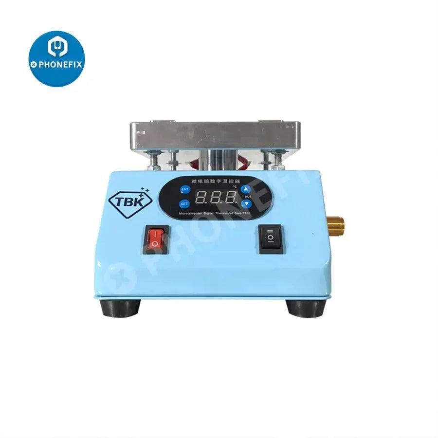 PhoneFix TBK-238 iPhone back cover separating machine, pre-heating station for mobile phone repair, shown in use.