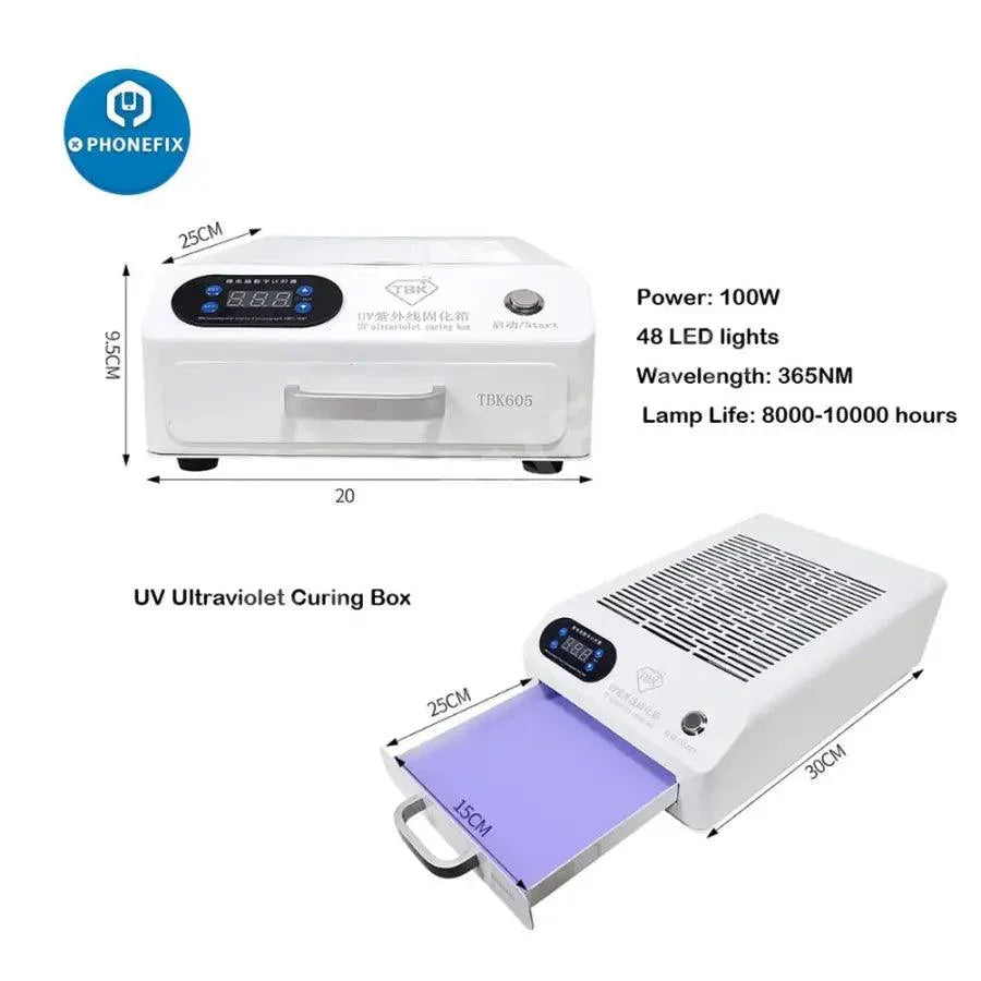 PhoneFix TBK-605 Mini UV Curing Box Oven for phone LCD repair, pre-heating station with compact design and clear viewing window.