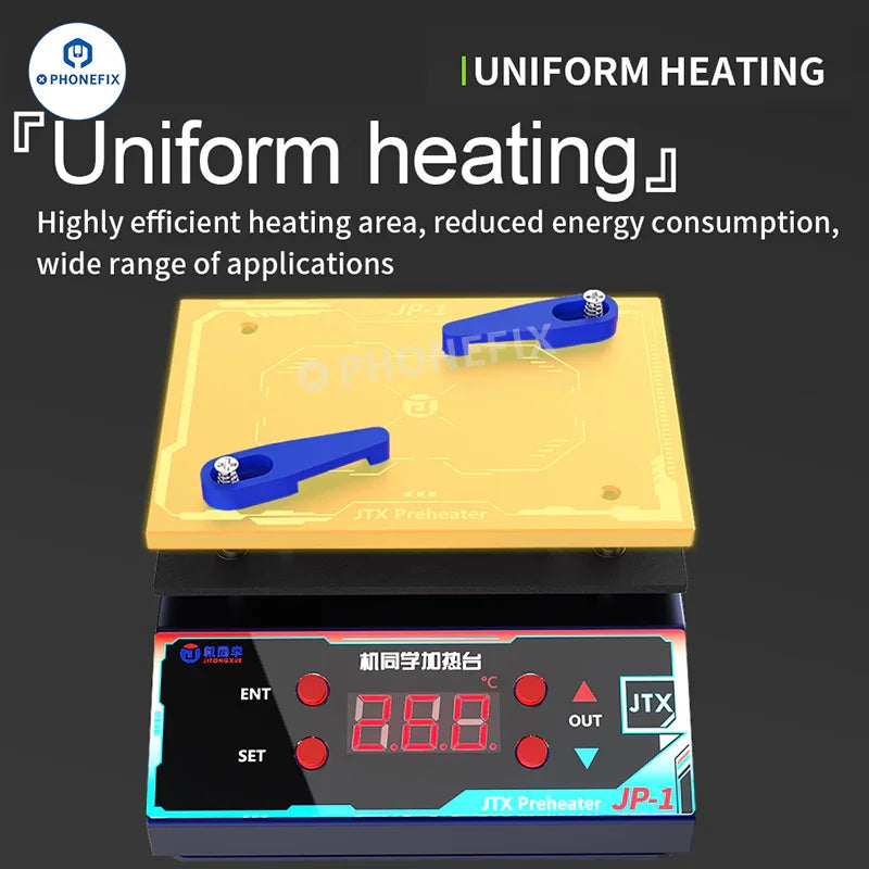 JTX JP-1 PhoneFix universal preheater station for phone PCB layering glue removal, featuring heating elements and control panel.