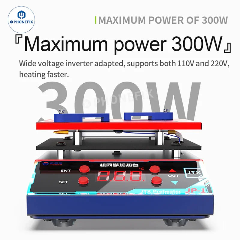 PHONEFIX JTX JP-1 universal preheater station for phone PCB layer glue removal, featuring a compact pre-heating design for electronics repair.