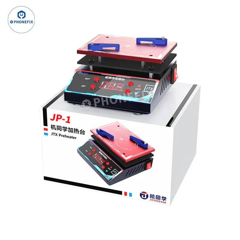 PHONEFIX JTX JP-1 universal preheater station for phone PCB layer glue removal, featuring heating element and control panel.