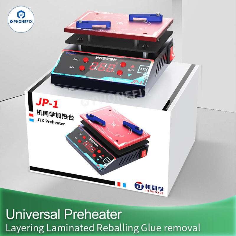 PhoneFix JTX JP-1 universal preheater station for phone PCB layer glue removal, with heating element and control panel visible.