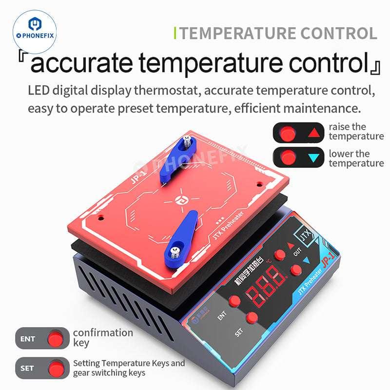 PHONEFIX JTX JP-1 universal preheater station for phone PCB layer glue removal, with heating platform and control panel.