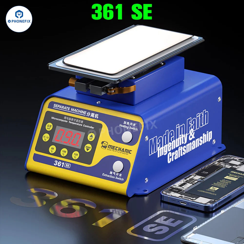 PhoneFix MECHANIC 361 SE/SE+ pre-heating station with 7-inch LCD screen and rotary heating separator for phone repair.