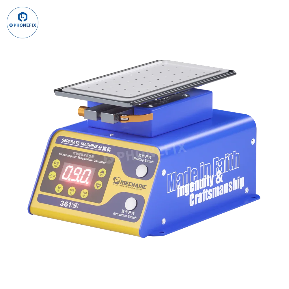PhoneFix MECHANIC 361 SE/SE+ pre-heating station with 7-inch LCD screen and rotary heating separator for electronics repair.