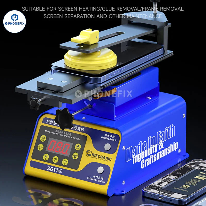 Phonefix MECHANIC 361 SE/SE+ pre-heating station with 7-inch LCD screen and rotary heating separator for electronic device repair.