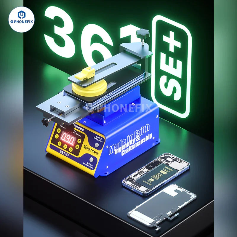 PhoneFix MECHANIC 361 SE/SE+ pre-heating station with 7-inch LCD screen and rotary heater for electronic device repair.