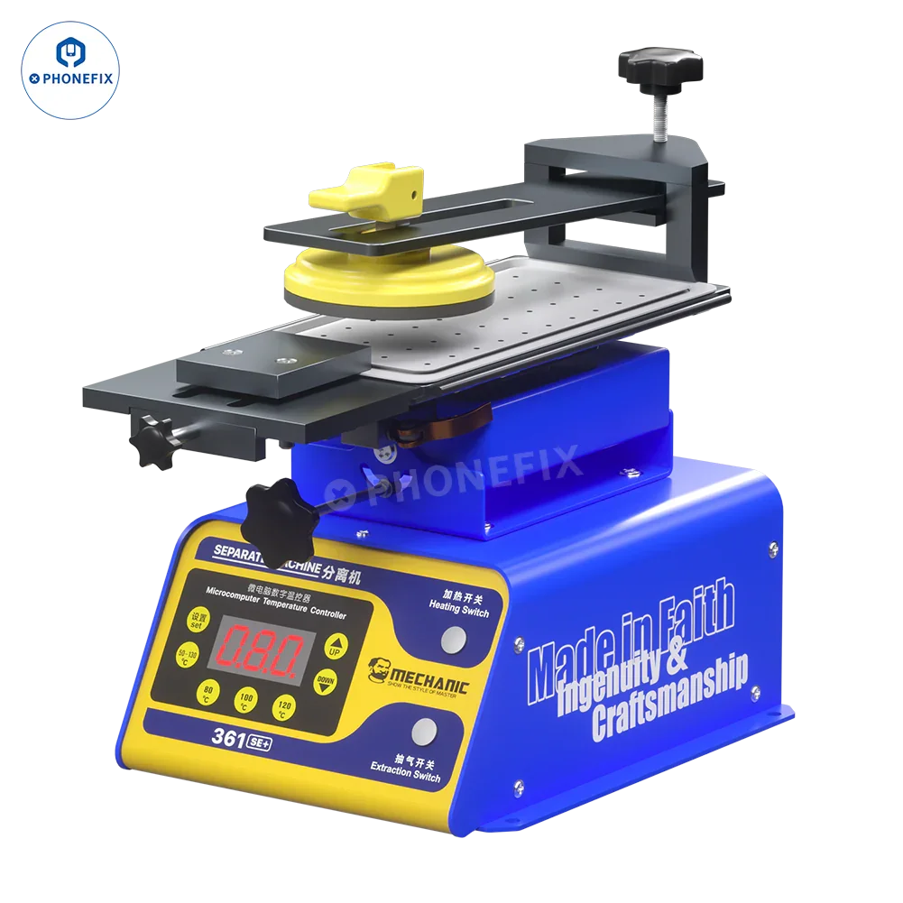 PhoneFix Mechanic 361 SE/SE+ pre-heating station with 7-inch LCD screen and rotary heating separator for electronic device repair.