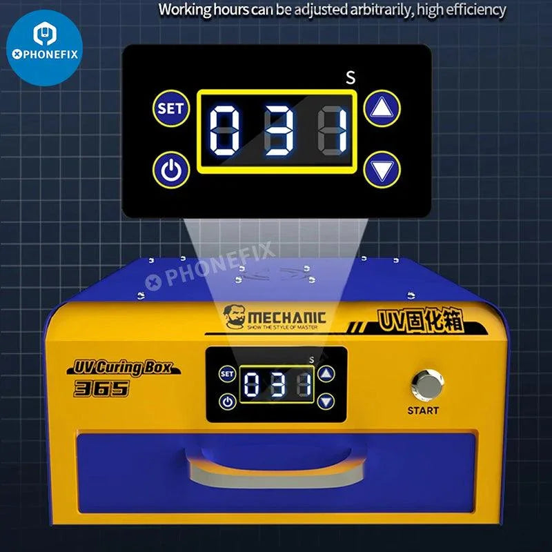PhoneFix Mechanic 365 UV Curing Box Oven for phone LCD repair, pre-heating station for efficient screen repair processes.