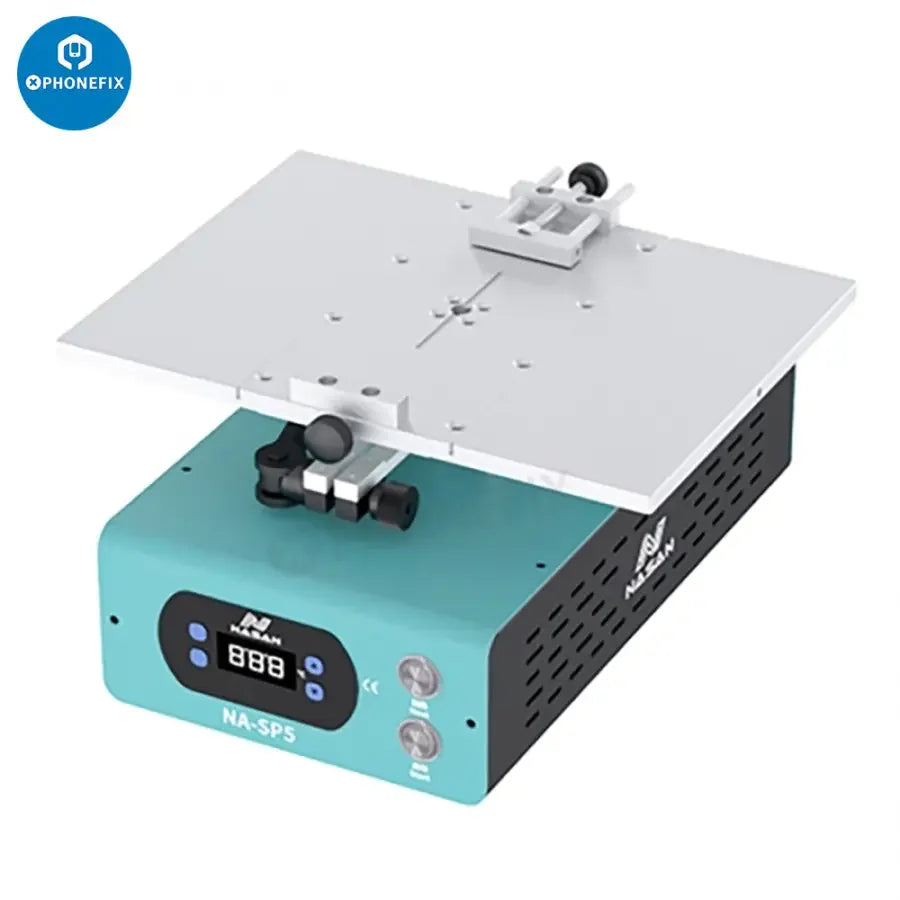 Nasan NA-SP5 rotatable edge screen middle frame separator for pre-heating station by PHONEFIX, showing device in use