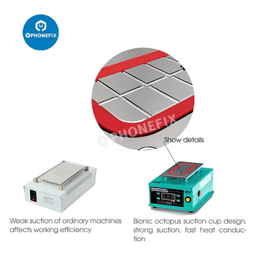 PHONEFIX RF-PEACE built-in vacuum pump pre-heating station for screen disassembly and repair, with visible control panel and heating elements.