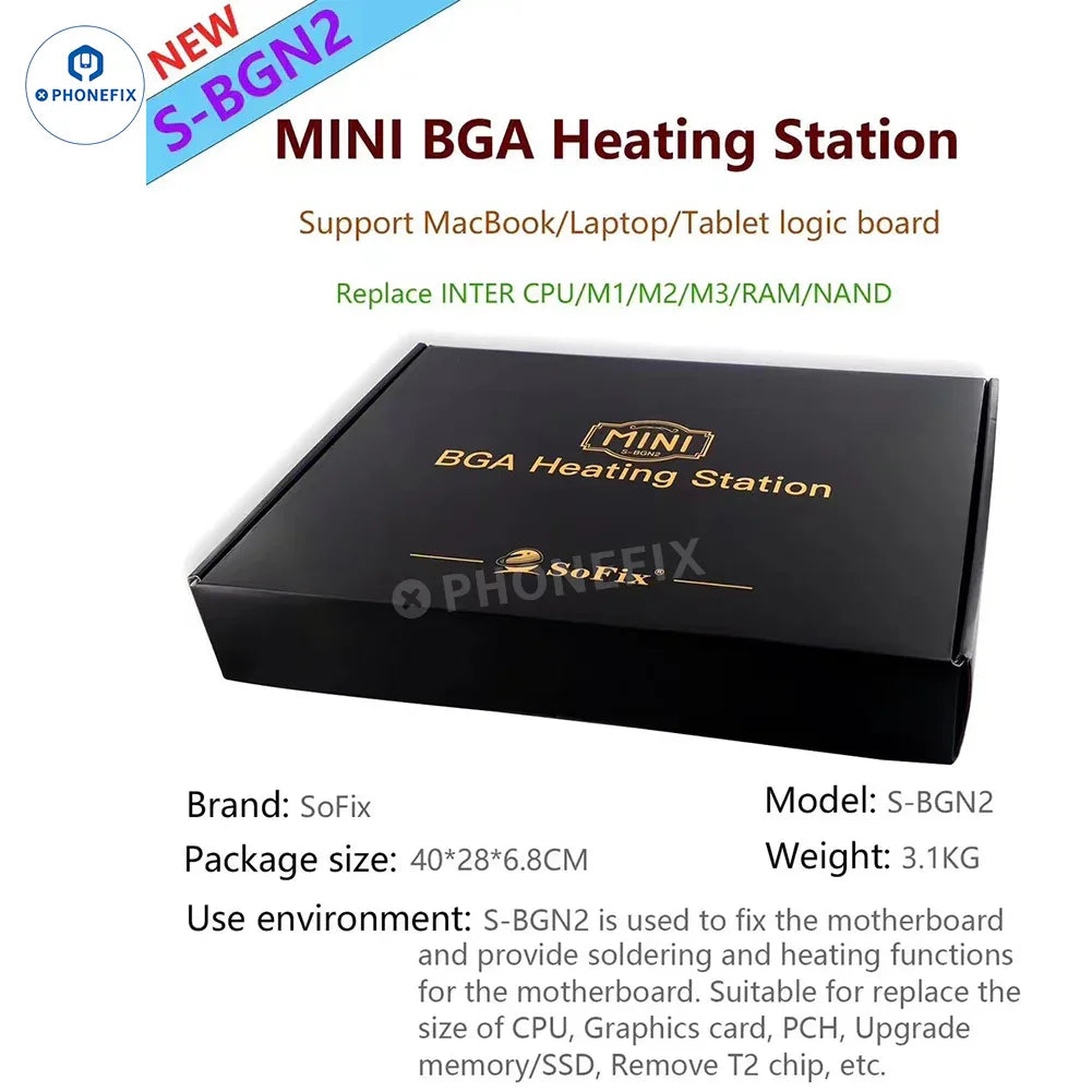 SoFix S-BGN2 Mini BAG heating station for laptop and MacBook PCB pre-heating, with control panel and heating element.