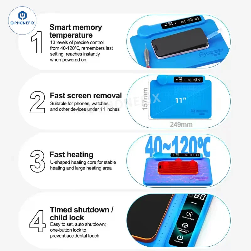 PHONEFIX CPB Pre-Heating Pad Tablet iPhone LCD Screen Separator station for pre-heating and repairing mobile screens.