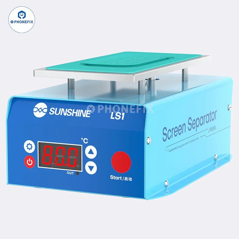 Pre-heating station for SUNSHINE LS1 Screen Heating Separator Glue Removal Machine by PHONEFIX, featuring control knobs and heating elements.