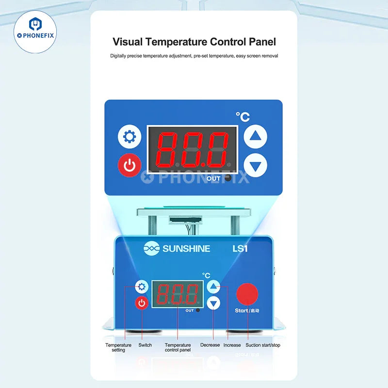 Pre-heating station for phone screen repair, SUNSHINE LS1 Separator Glue Removal Machine, with heating elements and control panel.