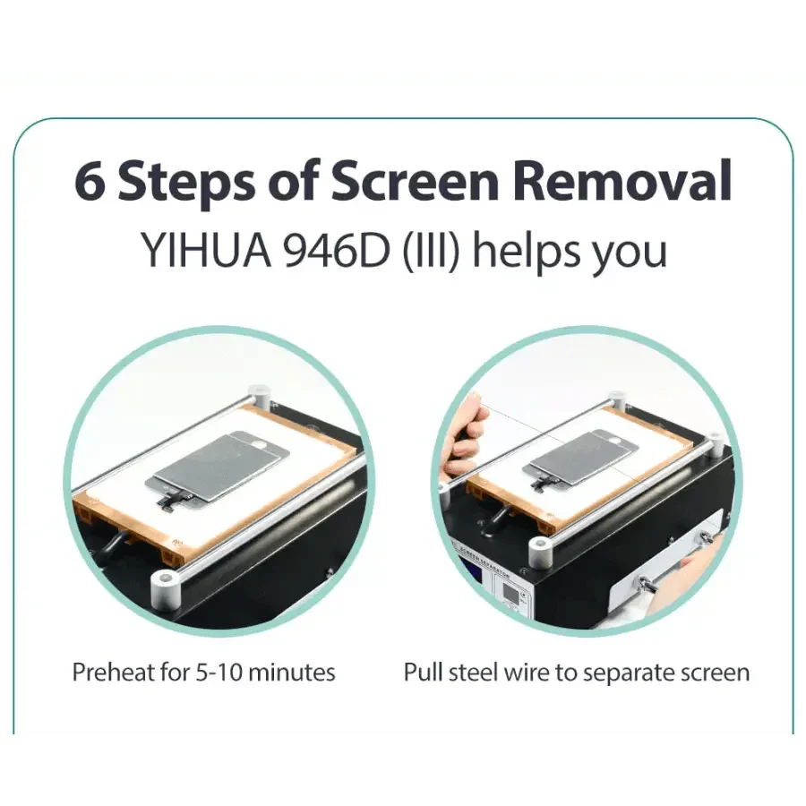 El separador de pantallas de teléfono por vacío YIHUA 946D-III se utiliza para precalentar y separar pantallas de teléfonos inteligentes.