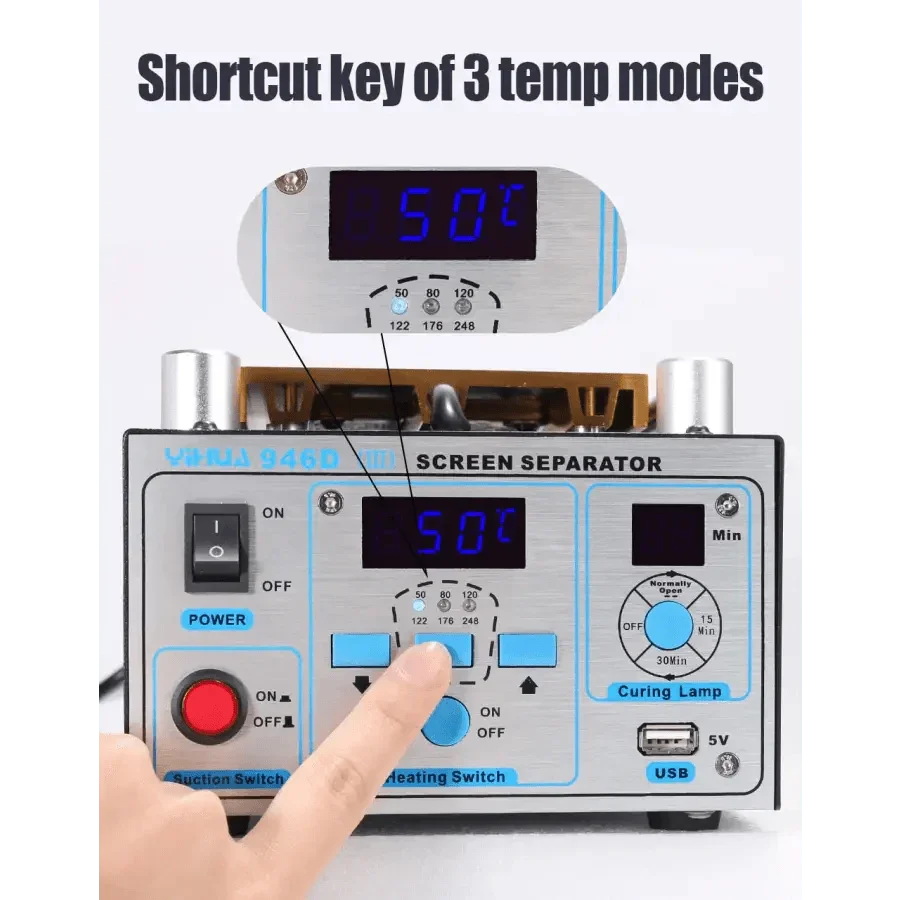 El separador de pantallas de teléfono con ventosa de vacío YIHUA 946D-III se utiliza para precalentar y separar pantallas de teléfono.