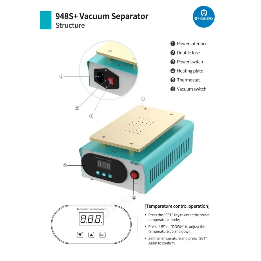 Máquina separadora de precalentamiento UYUE 948T S+ de 7 pulgadas para reparación de teléfonos, mostrada en un banco de trabajo.