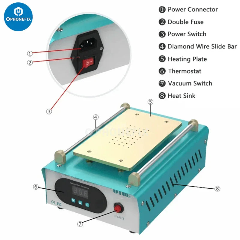 Máquina separadora de precalentamiento de pantallas LCD de 7 pulgadas UYUE 948T S+ para reparación de teléfonos, marca PHONEFIX.