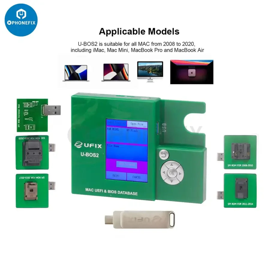 PhoneFix U-BOS2 PRO Data Assistant for MacBook, programming tool for UEFI BIOS database repair, with device interface and controls.