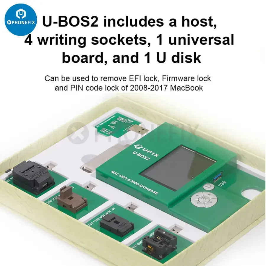 Phonefix U-BOS2 PRO Data Assistant for MacBook UEFI BIOS database repair, showing the device and interface for programming tools.