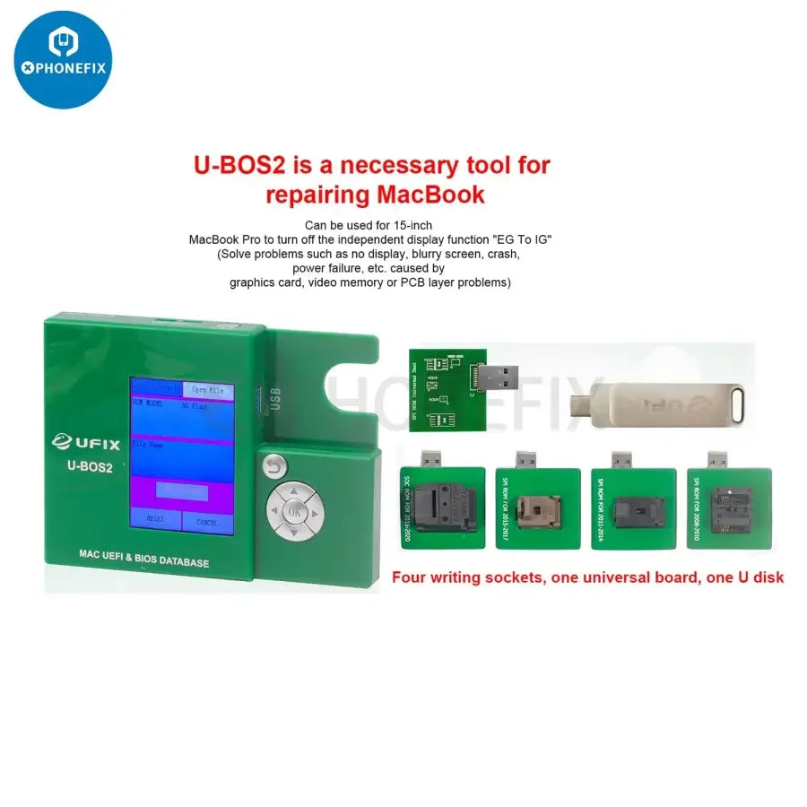 PhoneFix U-BOS2 PRO Data Assistant for MacBook UEFI BIOS database repair programming tool showing device interface and connection ports.