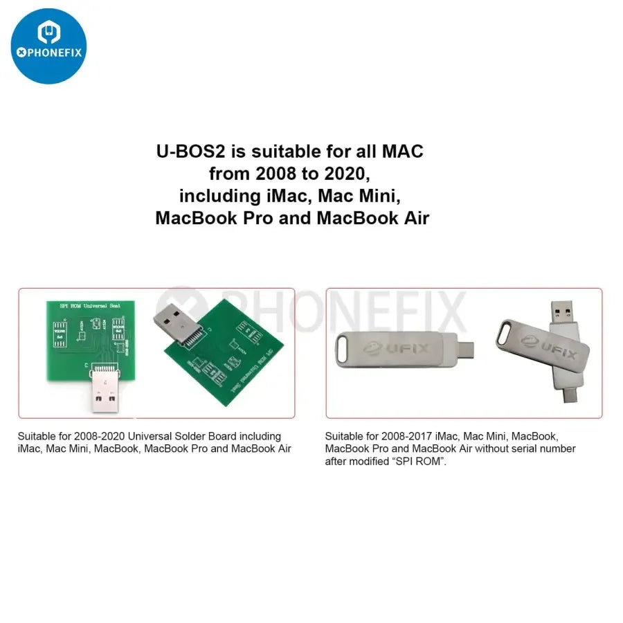 PHONEFIX U-BOS2 PRO Data Assistant for MacBook UEFI BIOS database repair, showing the device and interface for programming tools.