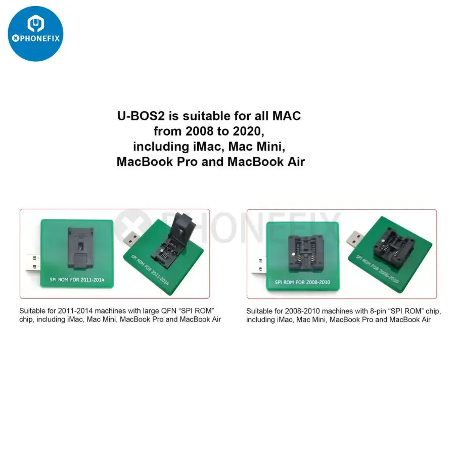 PhoneFix U-BOS2 PRO Data Assistant for MacBook UEFI BIOS database repair, showing the device and connection ports.