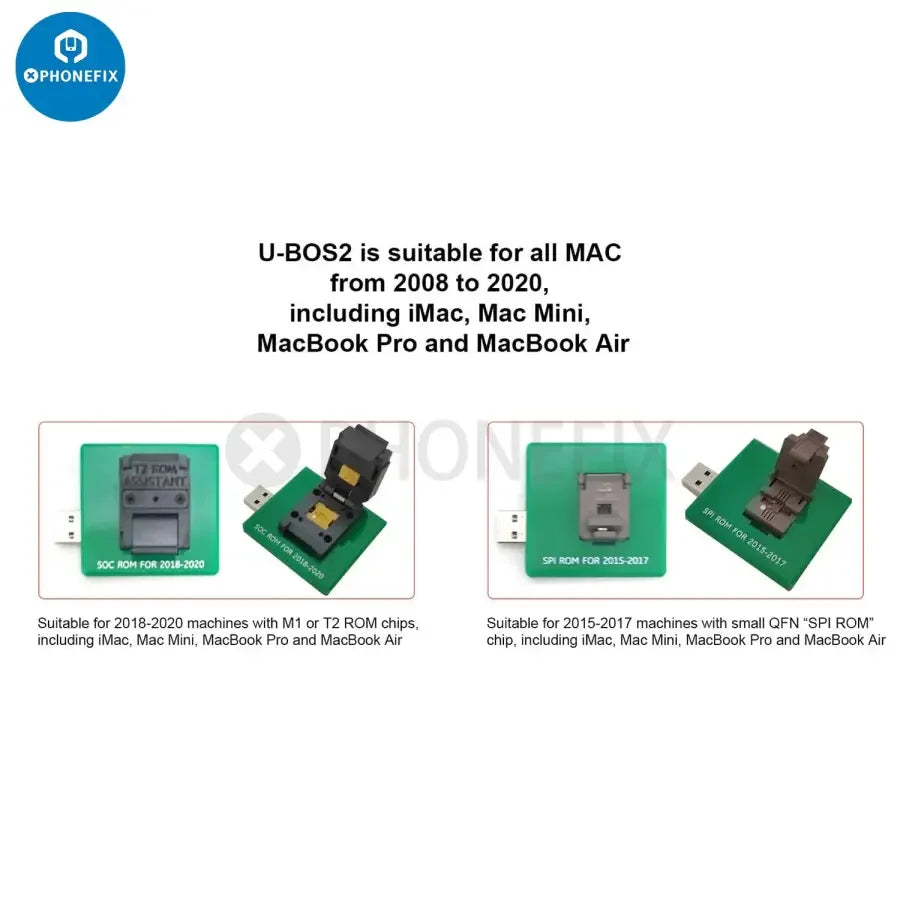 PhoneFix U-BOS2 PRO Data Assistant for MacBook UEFI BIOS database repair, showing device interface and programming tools.