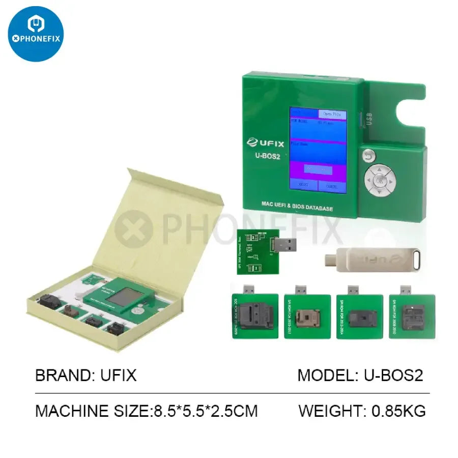 PhoneFix U-BOS2 PRO Data Assistant for MacBook UEFI BIOS database repair, showing the device and interface screen.