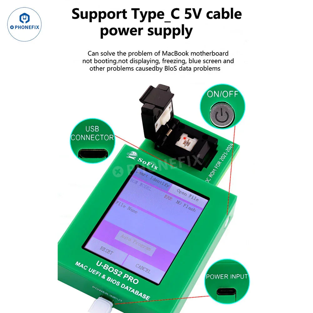 PHONEFIX U-BOS2 PRO Data Assistant for MacBook UEFI BIOS database repair, showing device interface and programming tools.