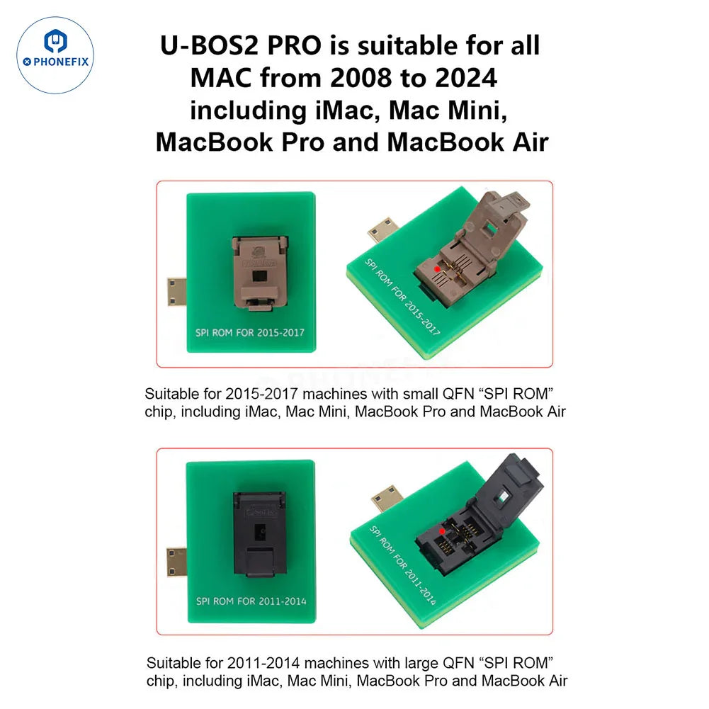 PHONEFIX U-BOS2 PRO Data Assistant for MacBook UEFI BIOS repair, displaying device connected to the programming tool.