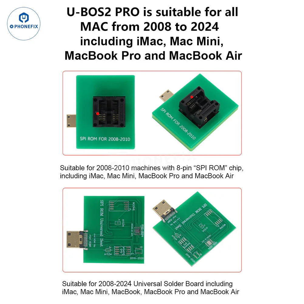PHONEFIX U-BOS2 PRO Data Assistant for MacBook UEFI BIOS database repair programming tool, shown with device connections and interface.