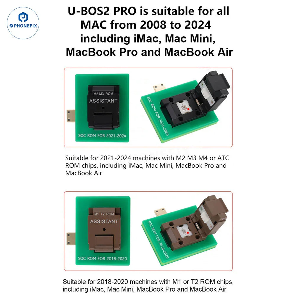 PHONEFIX U-BOS2 PRO Data Assistant for MacBook UEFI BIOS database repair, showing device interface and programming tools for BIOS management.