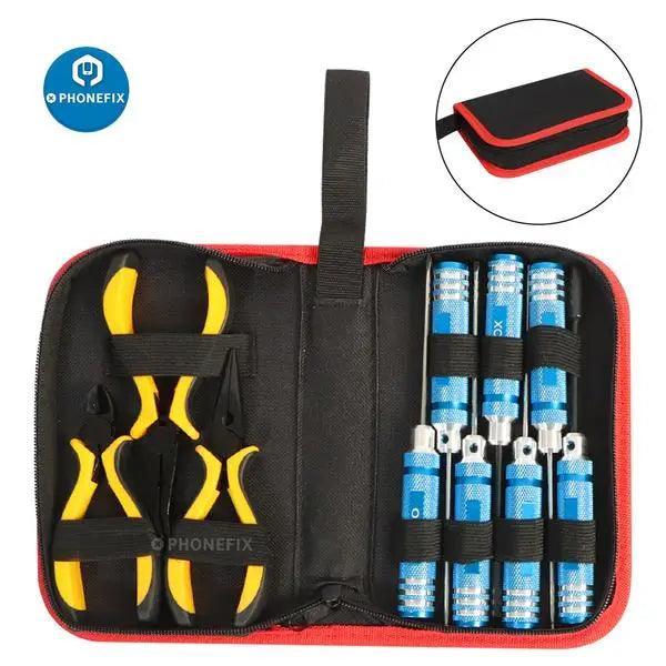 PHONEFIX 10-in-1 RC drone repair tools kit with screwdriver and pliers for RC cars, quadcopters, and electronics repair.