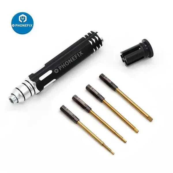 PHONEFIX 4-in-1 hex screwdriver tools set with 1.5, 2, 2.5, 3mm bits for RC helicopter and drone repair.