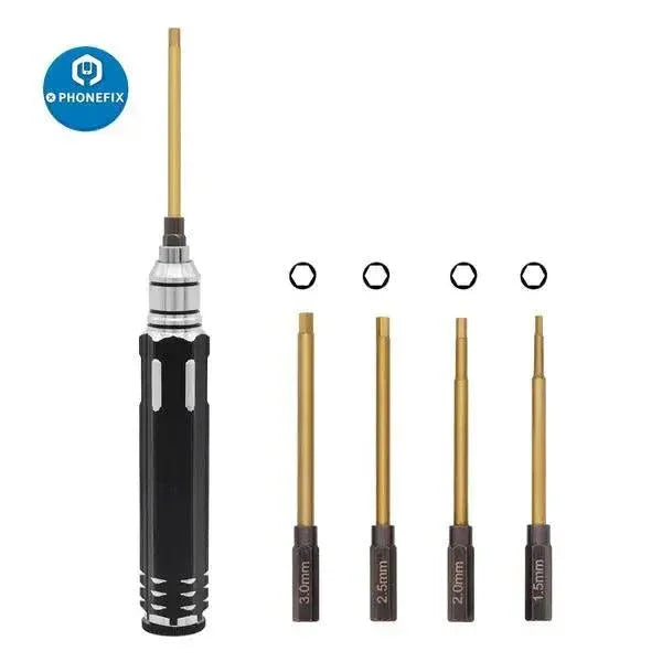 PHONEFIX 4-in-1 hex screwdriver set with 1.5mm, 2mm, 2.5mm, and 3mm tips for RC helicopter and drone repairs.