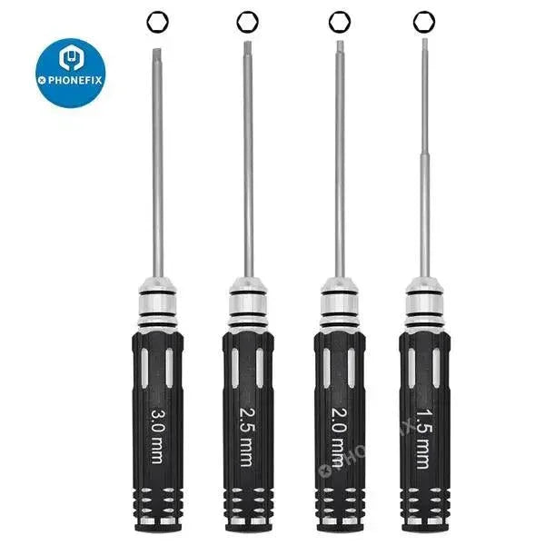 PHONEFIX 4-in-1 hex screwdriver tool kit for RC helicopter repairs, includes 1.5mm, 2mm, 2.5mm, and 3mm hex screwdrivers.