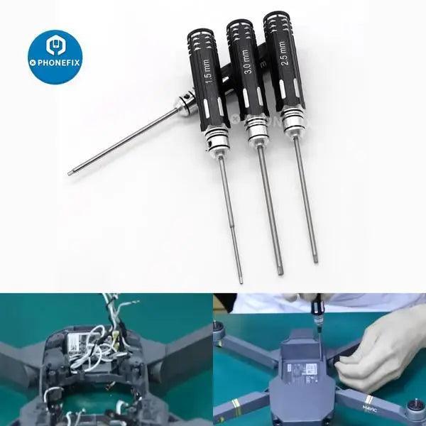 PHONEFIX 4-in-1 hex screwdriver tools kit for RC helicopter repair, includes 1.5mm, 2mm, 2.5mm, and 3mm screwdrivers.