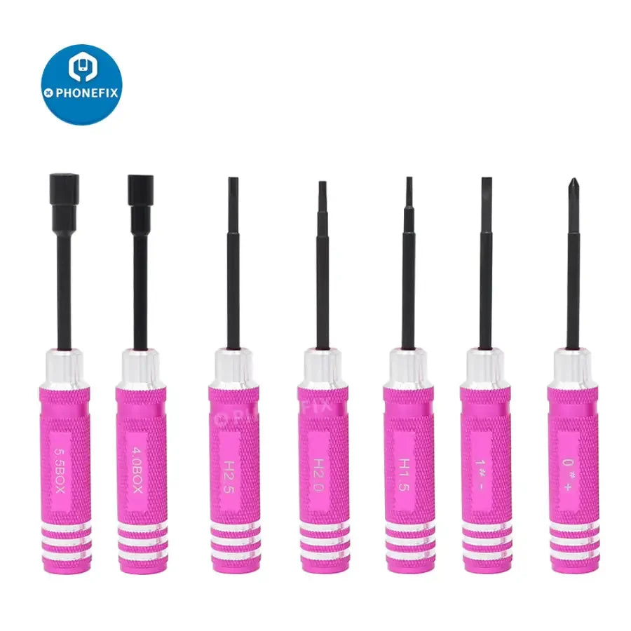 PHONEFIX 7-piece hex screwdriver set for RC car and drone repair, compact tool kit with precision screwdrivers for electronics.