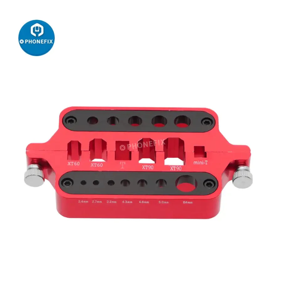 Aluminum soldering jig for XT60/90 Deans banana plug connectors, designed for RC drone repair by PHONEFIX.