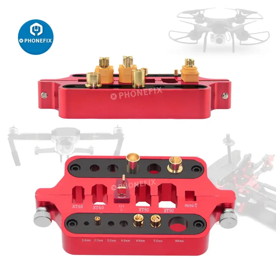 Aluminum soldering jig for XT60 and Deans banana plug connectors, RC drone repair tool by PHONEFIX, shown holding connectors.