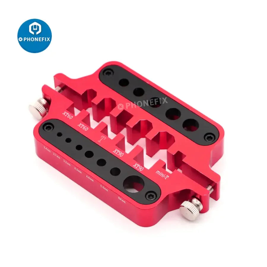 Aluminum soldering jig for XT60, 90 Dean's, and banana plug connectors used in RC drone repair tools by PHONEFIX.