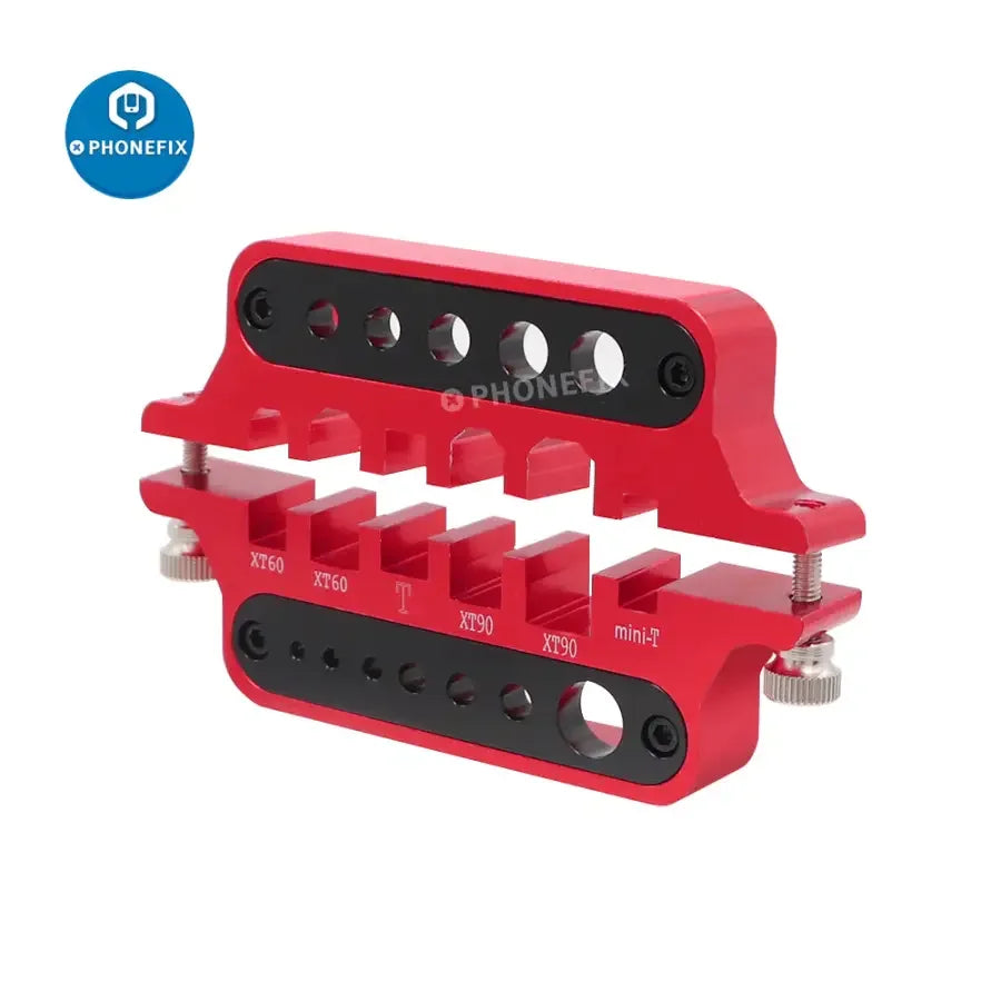 Aluminum soldering jig for RC drone repair, designed for XT60 and Deans banana plug connectors, by PHONEFIX.