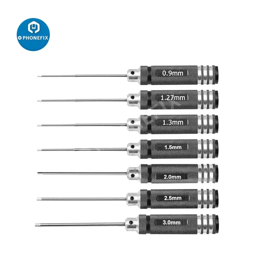 PHONEFIX RC drone repair tools set with hex screwdrivers in sizes 0.9mm to 3.0mm for RC car and drone maintenance.