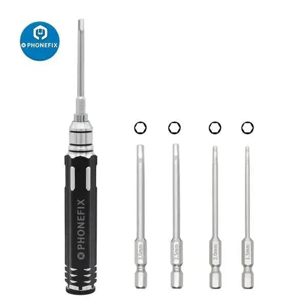 Kit d'outils de tournevis hexagonaux PHONEFIX avec embouts hexagonaux de 1.5 mm, 2 mm, 2.5 mm et 3 mm pour la réparation d'hélicoptères radiocommandés.