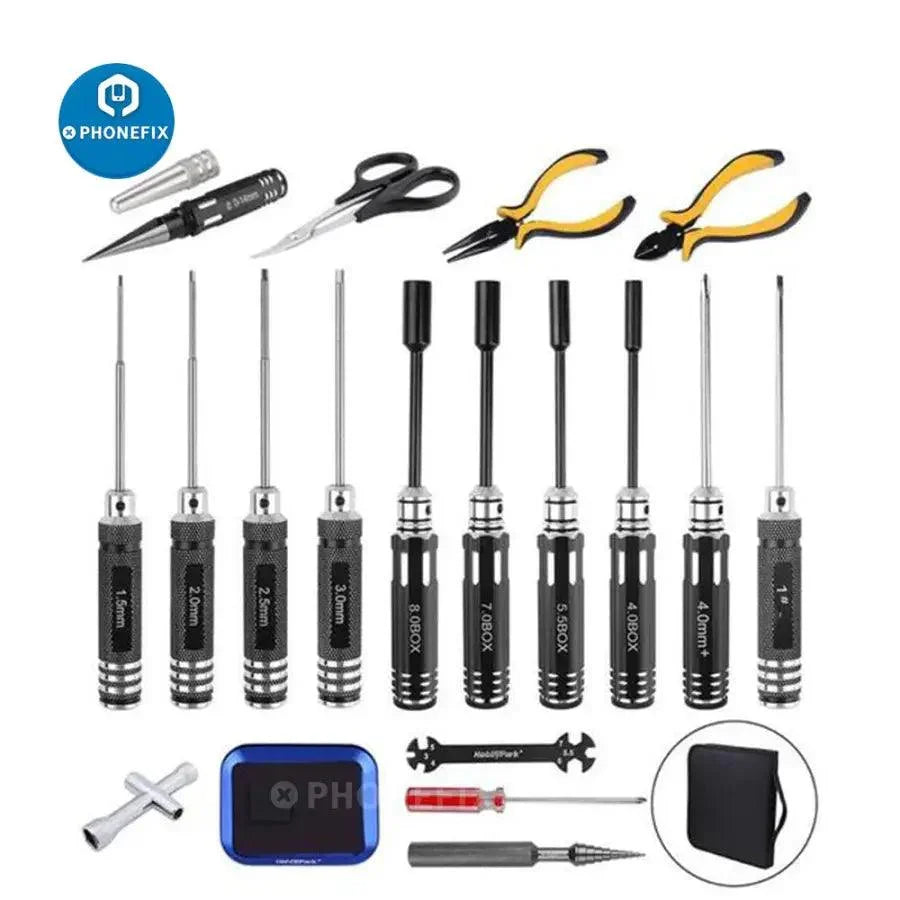 PHONEFIX RC drone repair tools set with multi-function screwdriver, organized in a tool bag for easy RC car and drone maintenance.