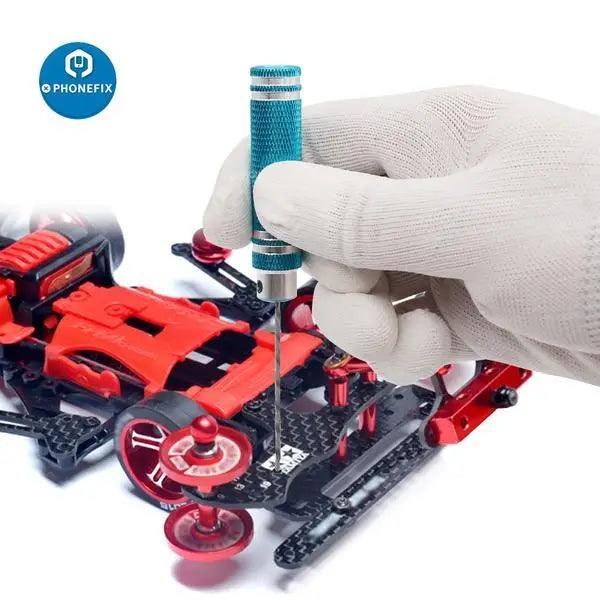 PHONEFIX Precision Alloy Hand Drill Rotary Tool for Tamiya Mini 4WD RC Car Model, ideal for RC drone repair and model customization.